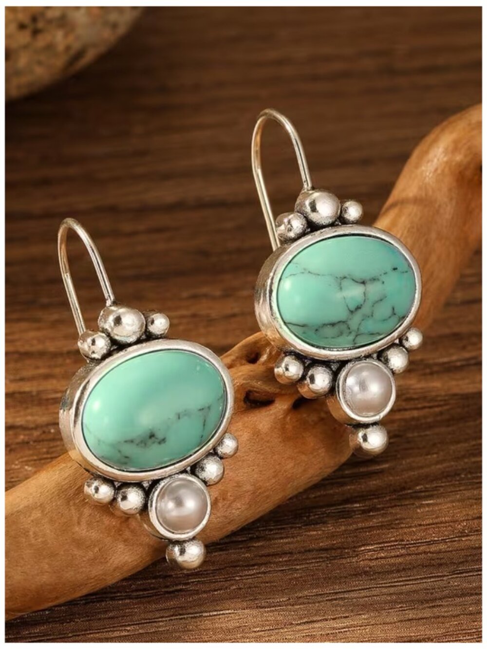 Turquoise Oval Drop Earrings with Pearl Accent - Silver Tone